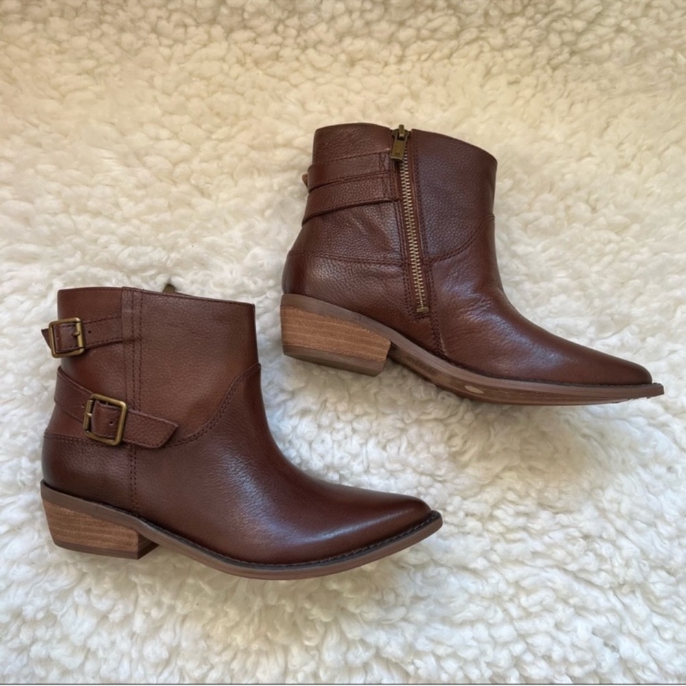 New! LUCKY BRAND Caelyn Western Moto Leather Ankle Booties in Cognac Brown - Picture 7 of 14